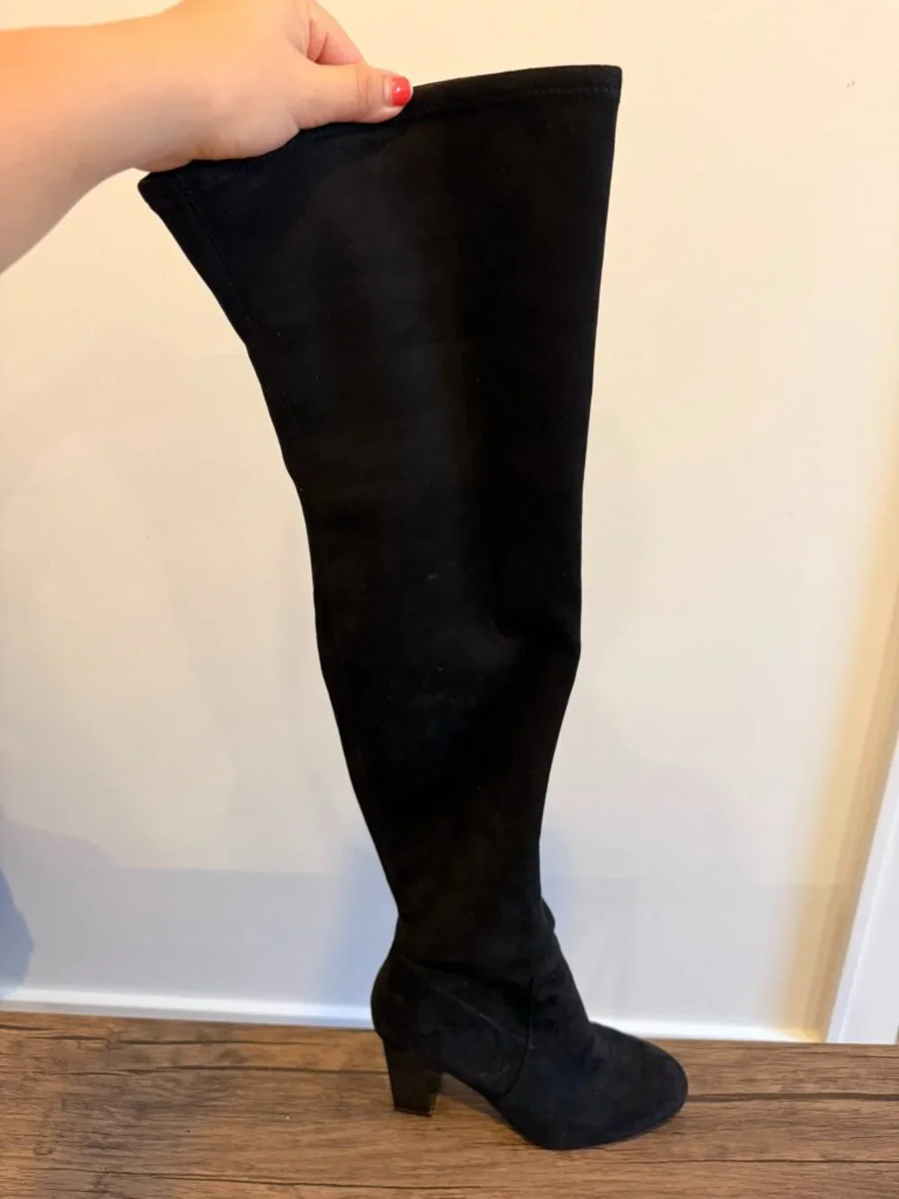 Black Suede Knee-High Heeled Boots